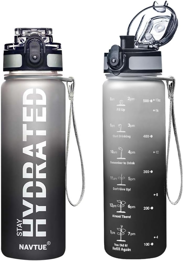 Water Bottle, 16OZ/ 500ML Sports Water Bottles with Time Marker Wide Mouth, Motivational and Leakproof Drink Bottle, BPA Free Tritan with Carry Strap for Gym Fitness Outdoor(1 Bottle)
