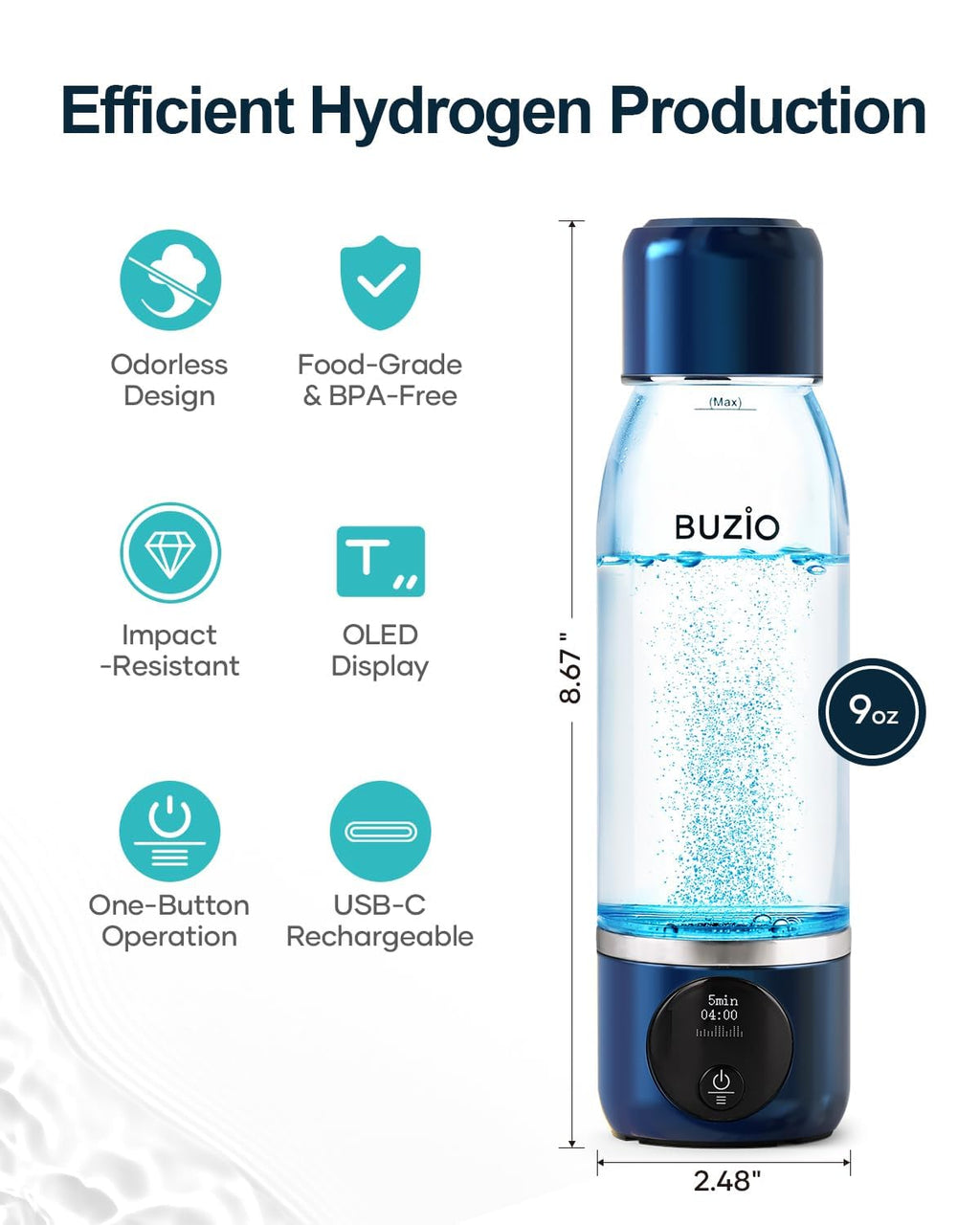 Hydrogen Water Bottle, BUZIO 3800ppb Hydrogen Water Bottles Generator Machine with Gen5 SPE/PEM Technology, Portable Athletic Performance Alkaline Water Bottle, with Dupont Membrane, OLED Display