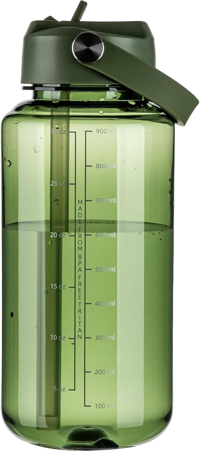 OLDLEY 32 oz Clear Water Bottle with Straw,Tritan BPA-Free, Wide Mouth, Leak Proof - for Gym, Travel, Home, School, Office (Army Green)
