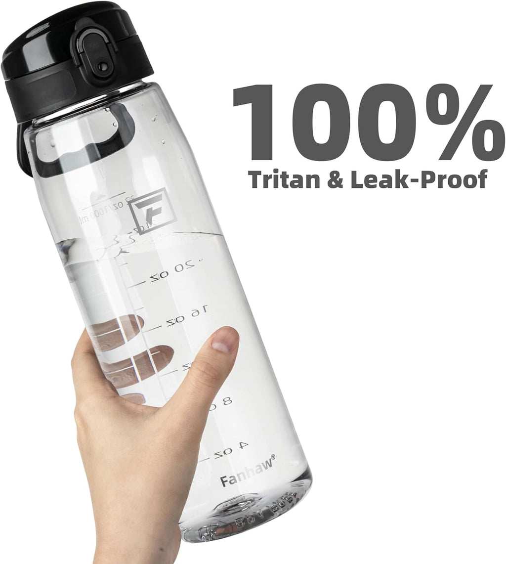 Fanhaw 32 oz Tritan Water Bottle with Chug Lid - Clear, BPA-Free, Lightweight, Wide Mouth, Leak-Proof, Perfect for Gym, Travel, School, Office, and Sports (Clear & Black)
