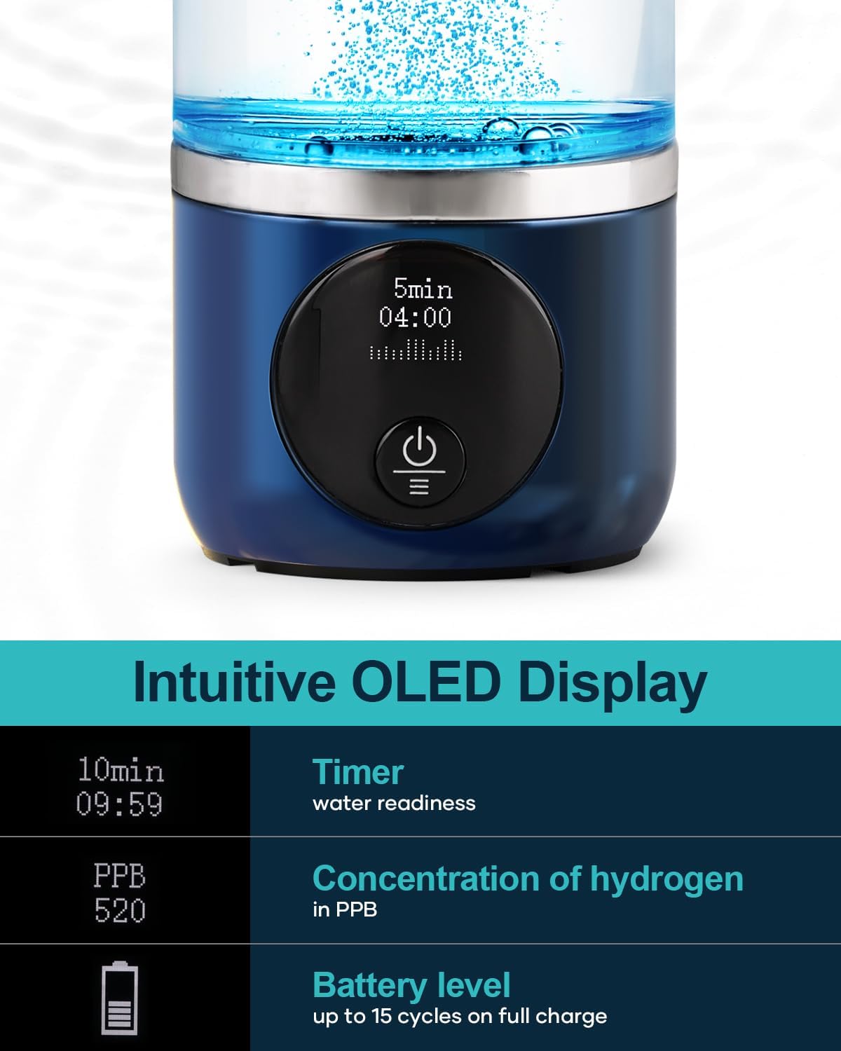 Hydrogen Water Bottle, BUZIO 3800ppb Hydrogen Water Bottles Generator Machine with Gen5 SPE/PEM Technology, Portable Athletic Performance Alkaline Water Bottle, with Dupont Membrane, OLED Display