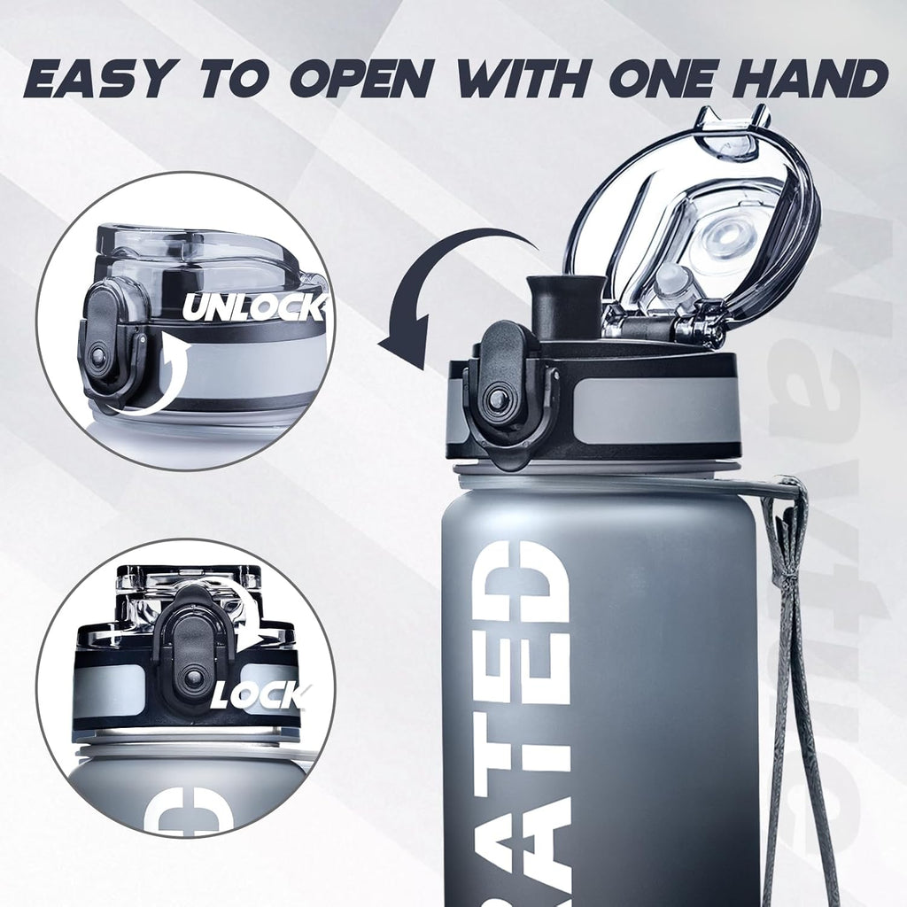 Water Bottle, 16OZ/ 500ML Sports Water Bottles with Time Marker Wide Mouth, Motivational and Leakproof Drink Bottle, BPA Free Tritan with Carry Strap for Gym Fitness Outdoor(1 Bottle)