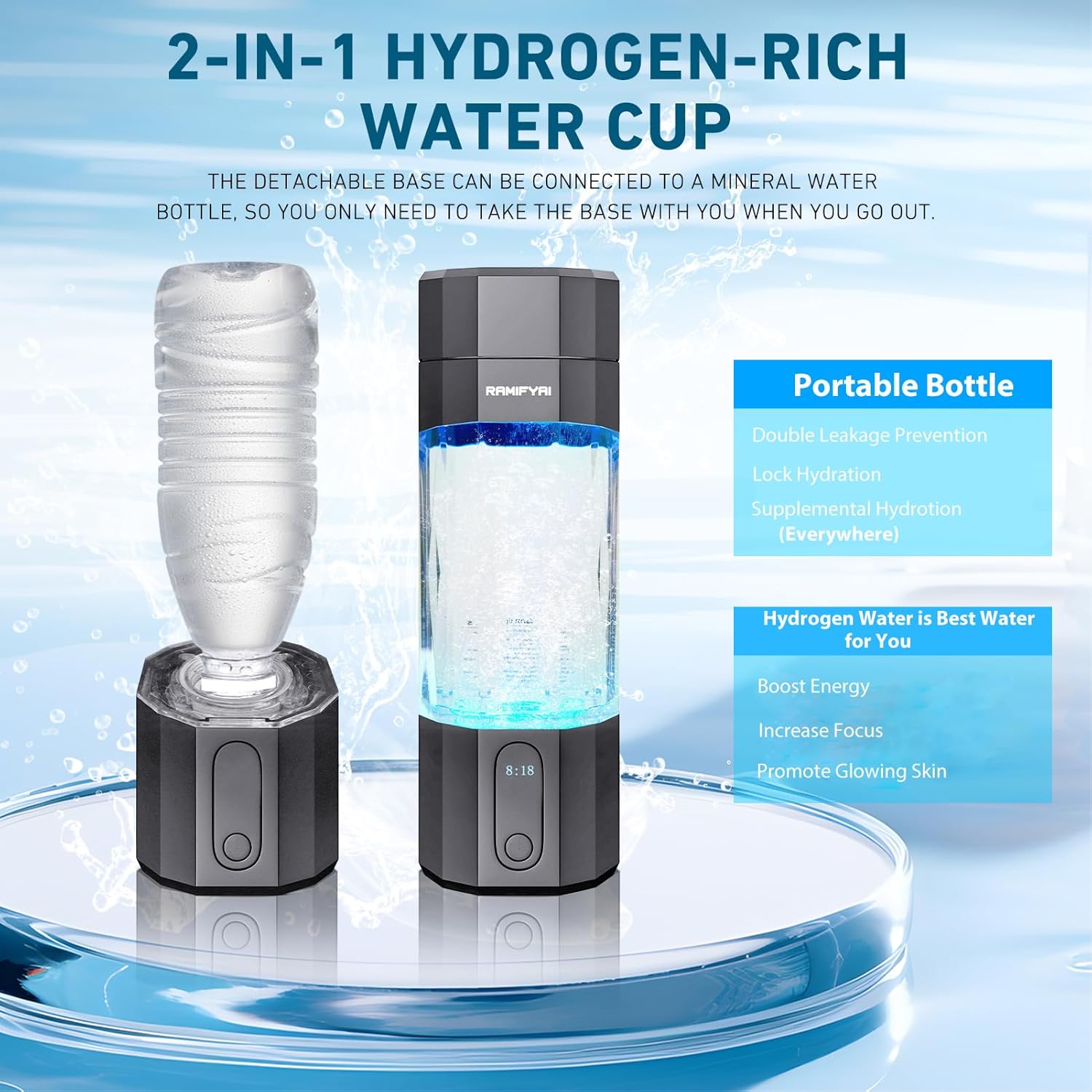 New Upgrade 10000PPB Hydrogen Water Bottle SPE/PEM Technology Seven Colorful Light Double Anti-Slip and Leak-Proof Hydrogen Water Generator with LCD Display (Upgrade Gray)