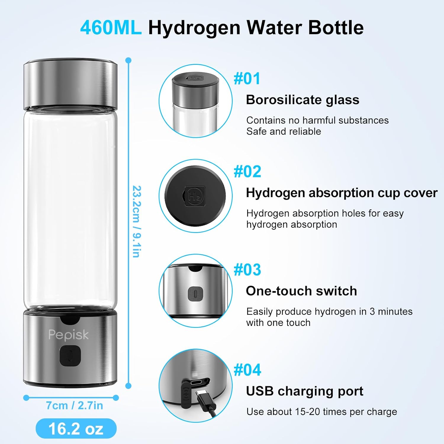 2025 New Hydrogen Water Generator Bottles, Hydrogenated Water Bottle with SPE PEM Technology, 460ml(16OZ) Hydrogen Water Bottle Generator for Home, Office, and Travel-Certified H2 Generator-Gift Box