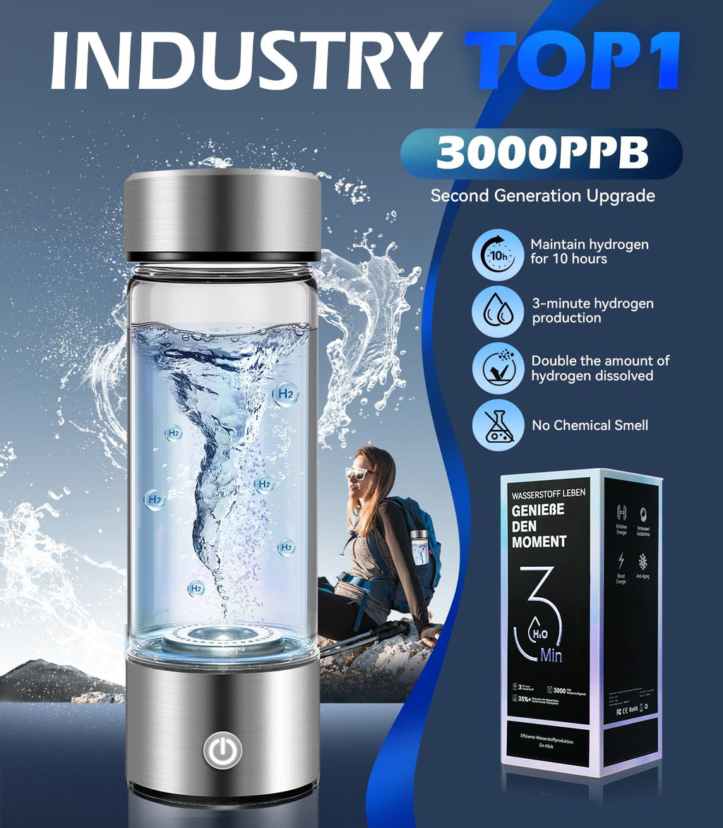 New Upgrade Hydrogen Water Bottle Generator 【NO.1 Double Hydrogen Content】 【Industry TOP - 24-Hour Hydrogen Lock】 | 0 Chlorine & 0 Ozone | 100% Leak-Proof Seal, Hydrogen Water Bottle Generator
