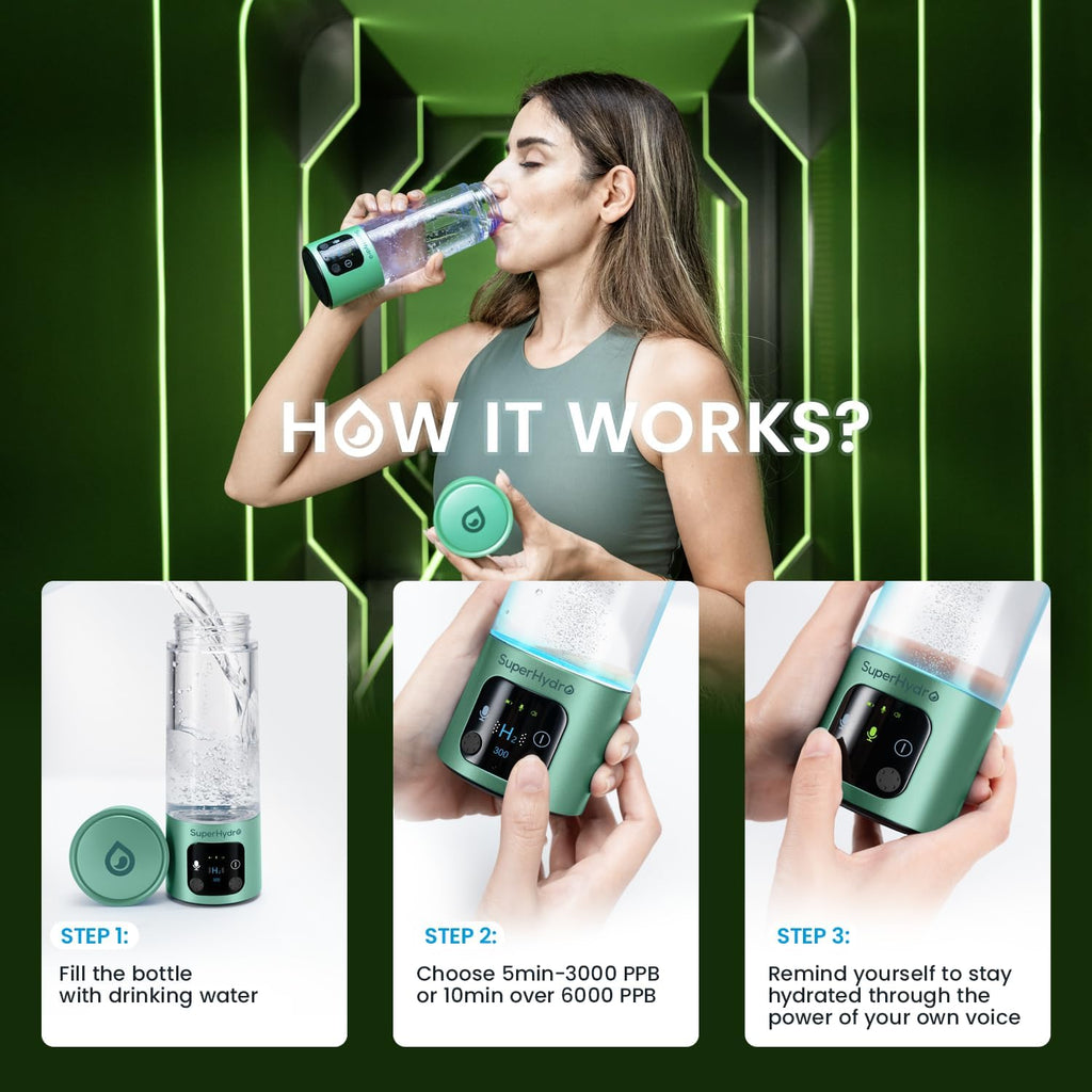 Hydrogen Water Bottle Generator - Up to 6000+ PPB Concentration - SPE/PEM Technology - Voice Reminder - Water Ionizer Machine Suitable for Travel, Daily and Office Drinking - 12oz (Green)