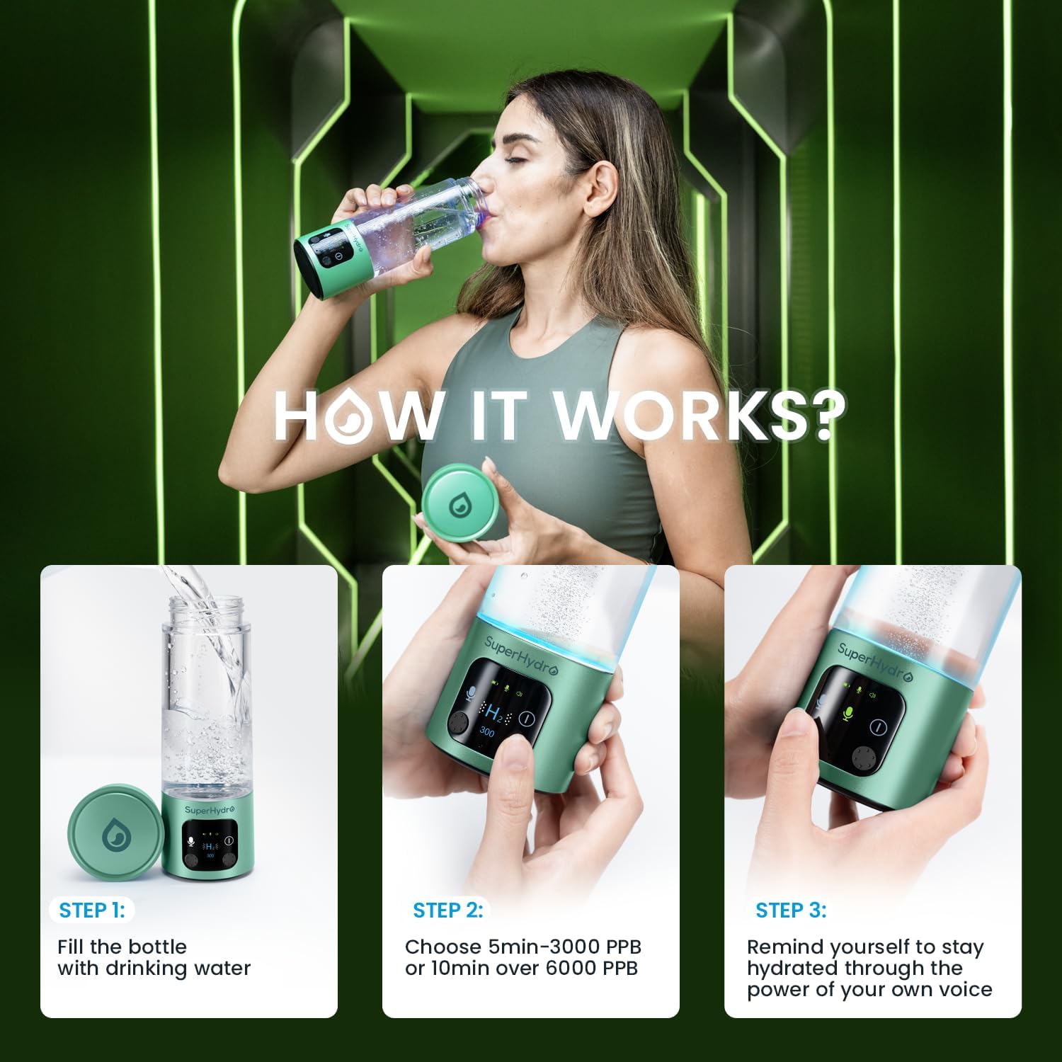 Hydrogen Water Bottle Generator - Up to 6000+ PPB Concentration - SPE/PEM Technology - Voice Reminder - Water Ionizer Machine Suitable for Travel, Daily and Office Drinking - 12oz (Green)