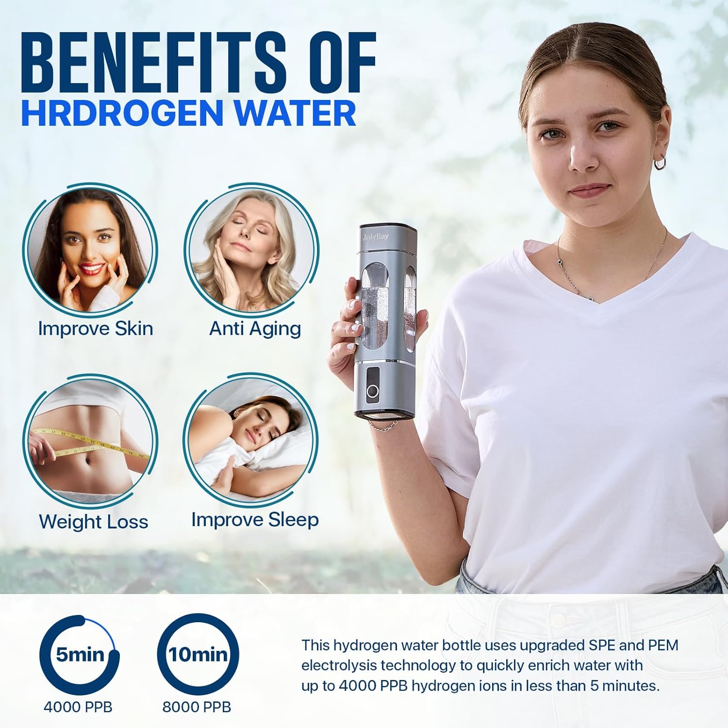 Portable Hydrogen Water Bottle Generator 280ML | Molecular Hydrogen Water Machine with SPE PEM | 8000 PPB and Dual Mode Timer, Lightweight Hydro Bottle for Office, Gym, Home, and Travel