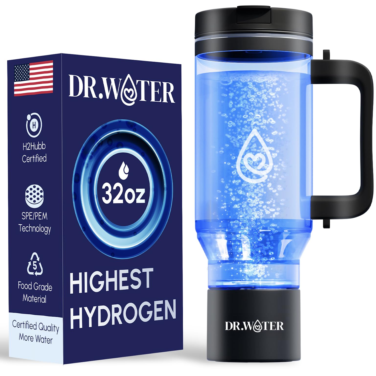 Hydrogen Water Bottle - 3X More Hydrogen Concentration - 32oz Hydrogen Water Bottle Generator - Portable Hydrogen Water Machine | Certified H2 Generator - HydroStanley Black