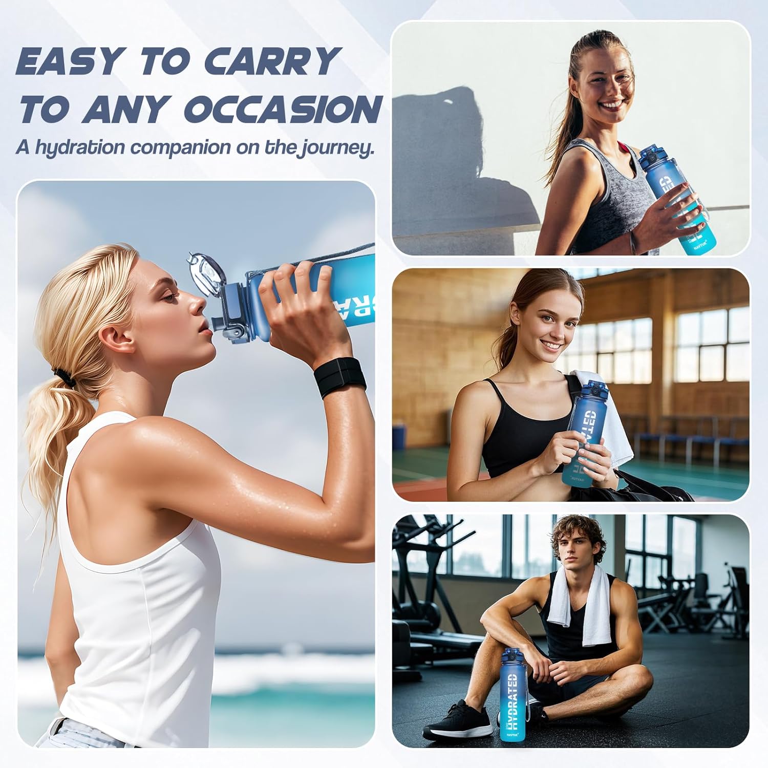 Water Bottle, 32oz Sports Water Bottles with Time Marker Wide Mouth, Motivational and Leakproof Drink Bottle, BPA Free Tritan with Carry Strap for Gym Fitness Outdoor (Direct Drink 1 Bottle)