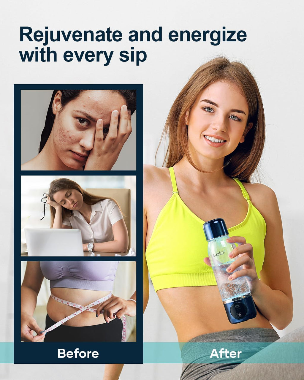 Hydrogen Water Bottle, BUZIO 3800ppb Hydrogen Water Bottles Generator Machine with Gen5 SPE/PEM Technology, Portable Athletic Performance Alkaline Water Bottle, with Dupont Membrane, OLED Display