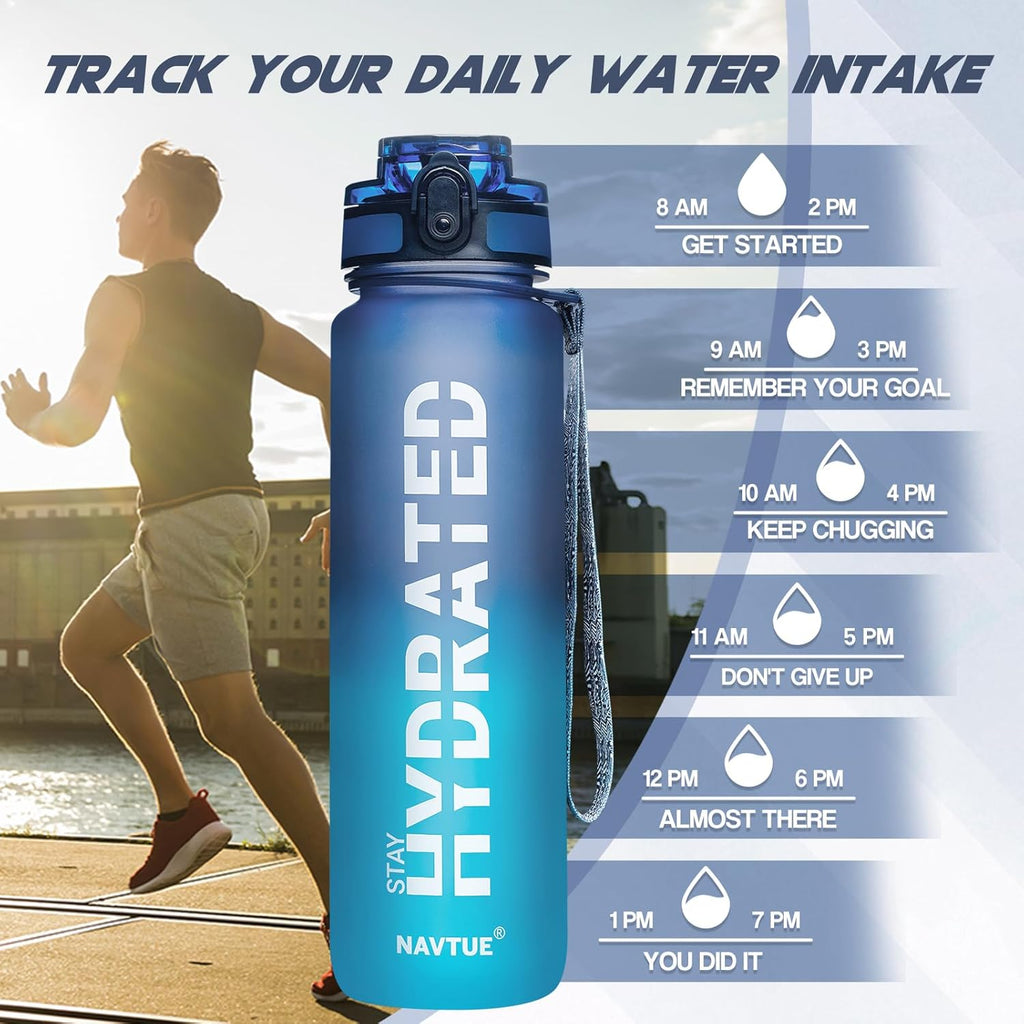 Water Bottle, 32oz Sports Water Bottles with Time Marker Wide Mouth, Motivational and Leakproof Drink Bottle, BPA Free Tritan with Carry Strap for Gym Fitness Outdoor (Direct Drink 1 Bottle)