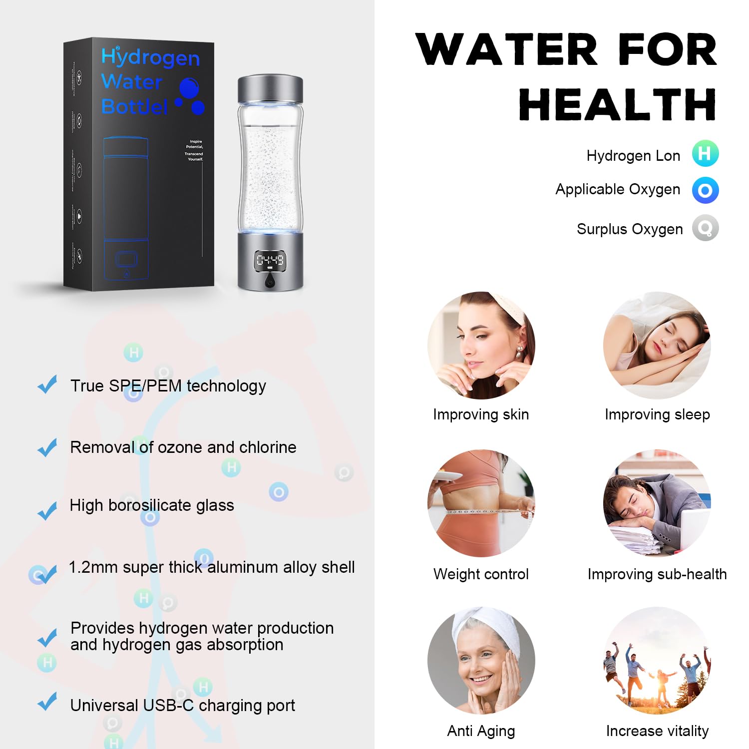 Hydrogen Water Bottle Generator with SPE/PEM Technology, Anlewo Portable H2 Water Ionizer Machine,5000PPB,6 Hours Hydrogen Retention for Family Friends Office Travel Sports Fitness