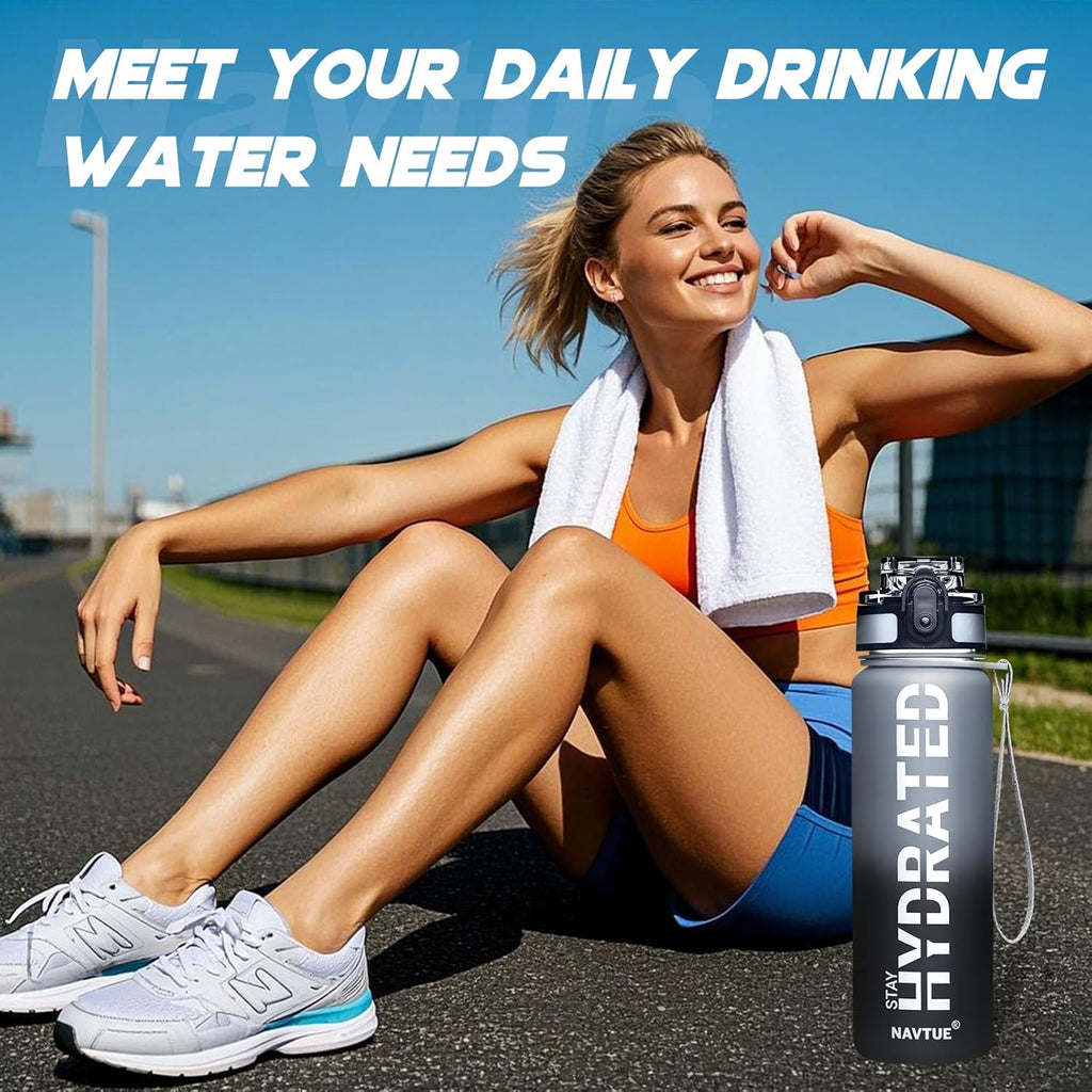 Water Bottle, 16OZ/ 500ML Sports Water Bottles with Time Marker Wide Mouth, Motivational and Leakproof Drink Bottle, BPA Free Tritan with Carry Strap for Gym Fitness Outdoor(1 Bottle)