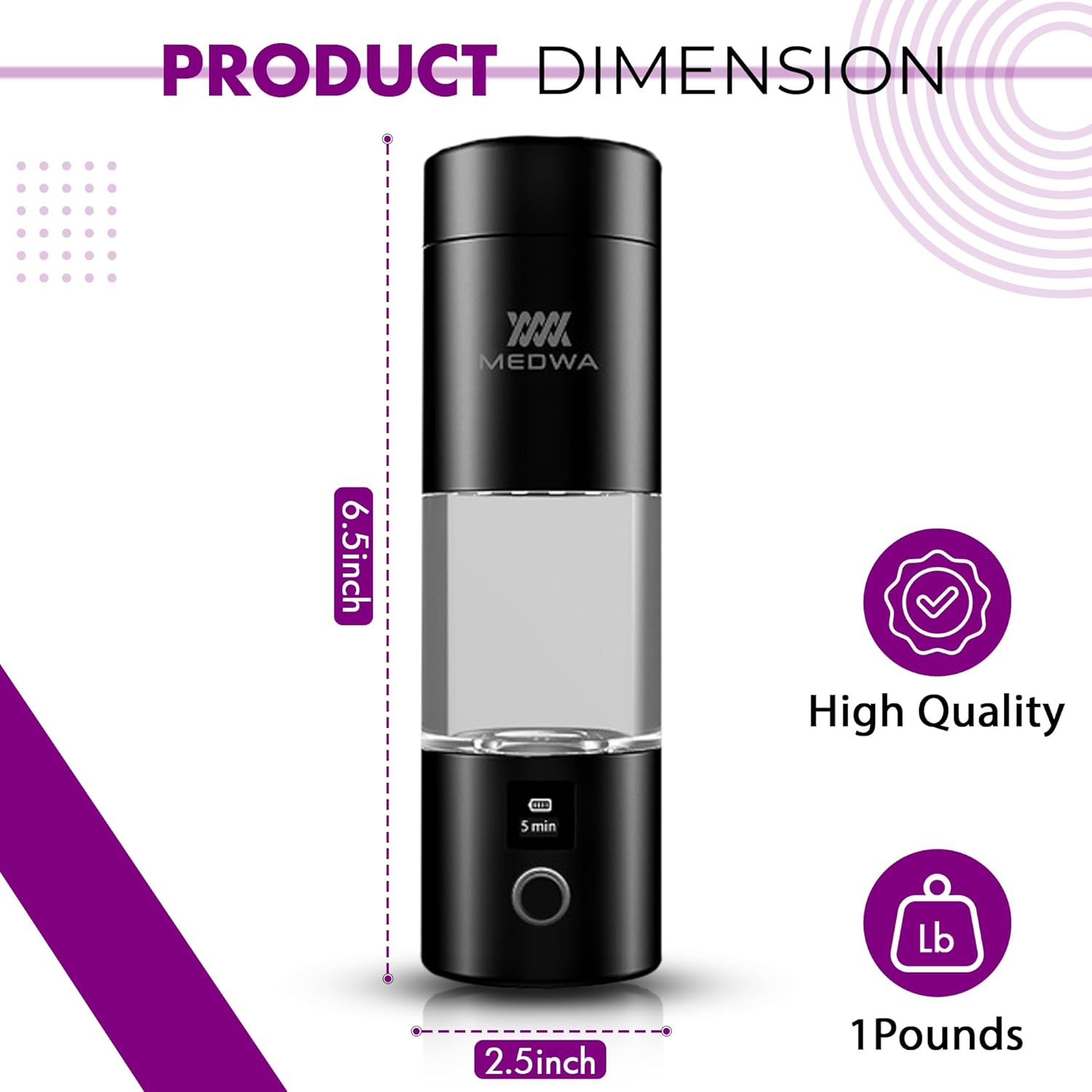 Rechargeable Hydrogen Water Bottle Generator with Cup for 230ml Rich H2 Water, High Concentration 5000ppb, LCD Display – Portable Ionized Hydrogen Water Machine with SPE/PEM Technology