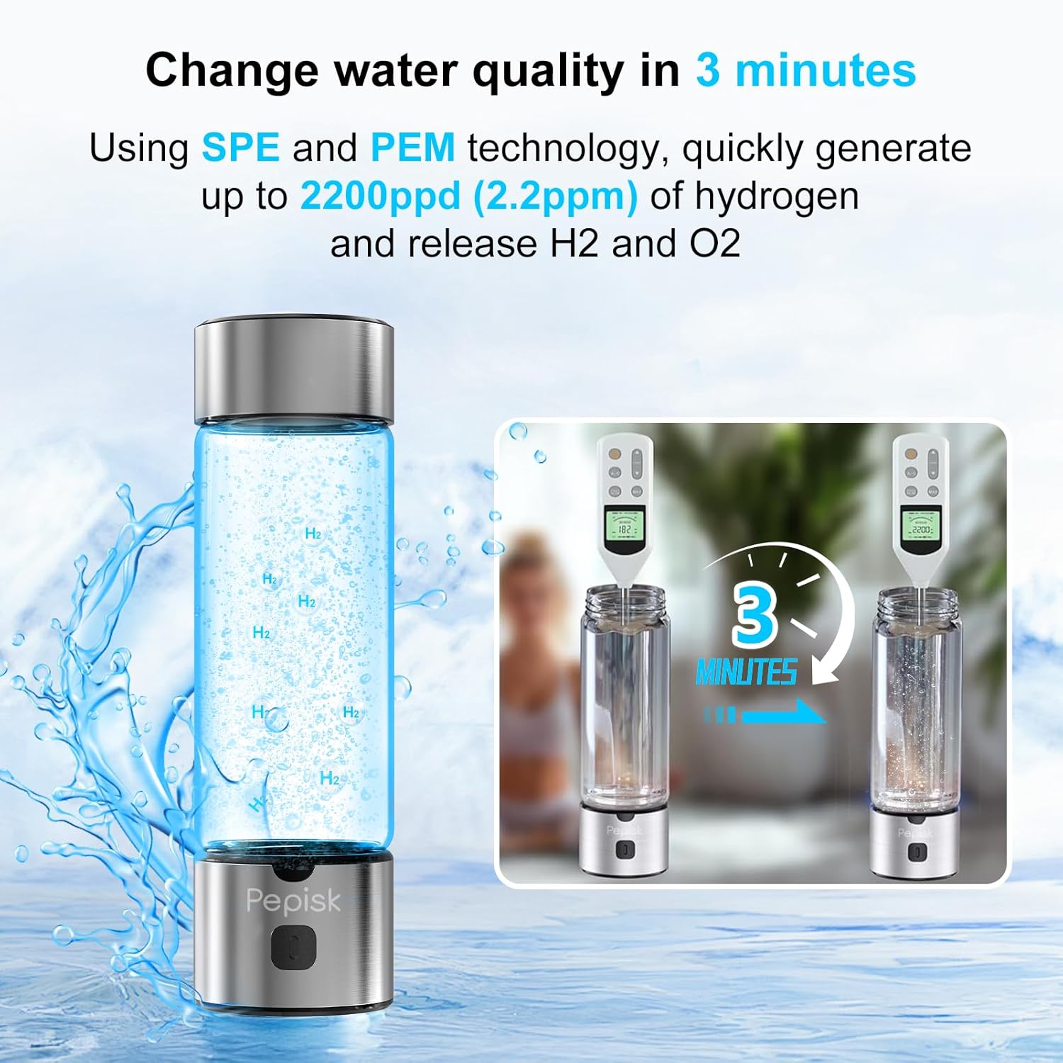 2025 New Hydrogen Water Generator Bottles, Hydrogenated Water Bottle with SPE PEM Technology, 460ml(16OZ) Hydrogen Water Bottle Generator for Home, Office, and Travel-Certified H2 Generator-Gift Box