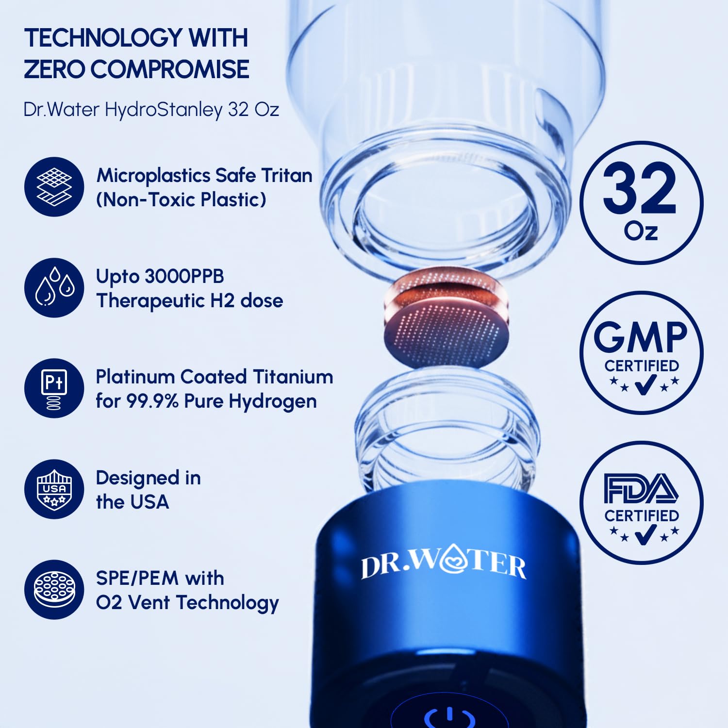 Hydrogen Water Bottle - 3X More Hydrogen Concentration - 32oz Hydrogen Water Bottle Generator - Portable Hydrogen Water Machine | Certified H2 Generator - HydroStanley Black