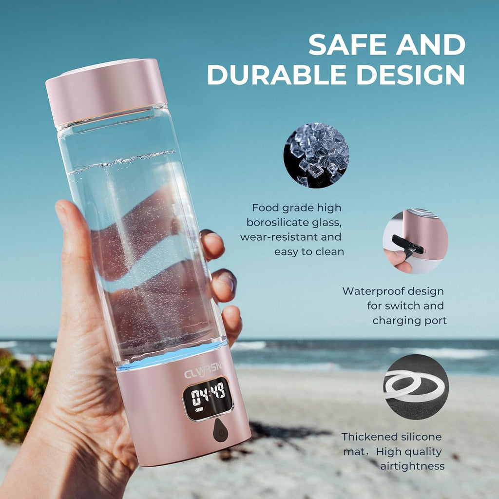 Hydrogen Water Bottle, Portable Glass Hydrogen Water Bottle Generator Machine — SPE/PEM Technology — Athletic Performance & Hydration System — for Gym, Sports, Travel & Outdoor, 11.5Oz (Pink)