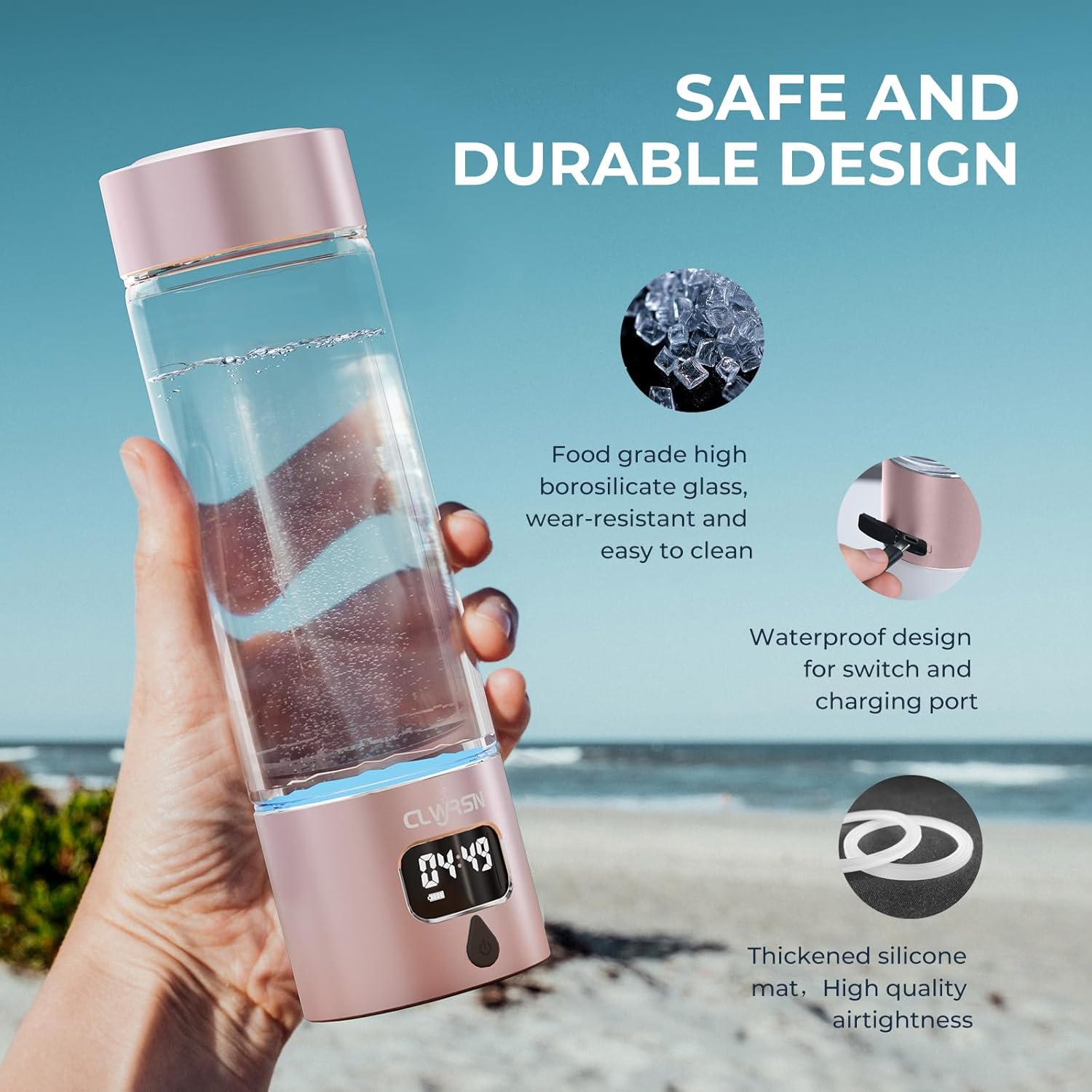 Hydrogen Water Bottle, Portable Glass Hydrogen Water Bottle Generator Machine — SPE/PEM Technology — Athletic Performance & Hydration System — for Gym, Sports, Travel & Outdoor, 11.5Oz (Pink)