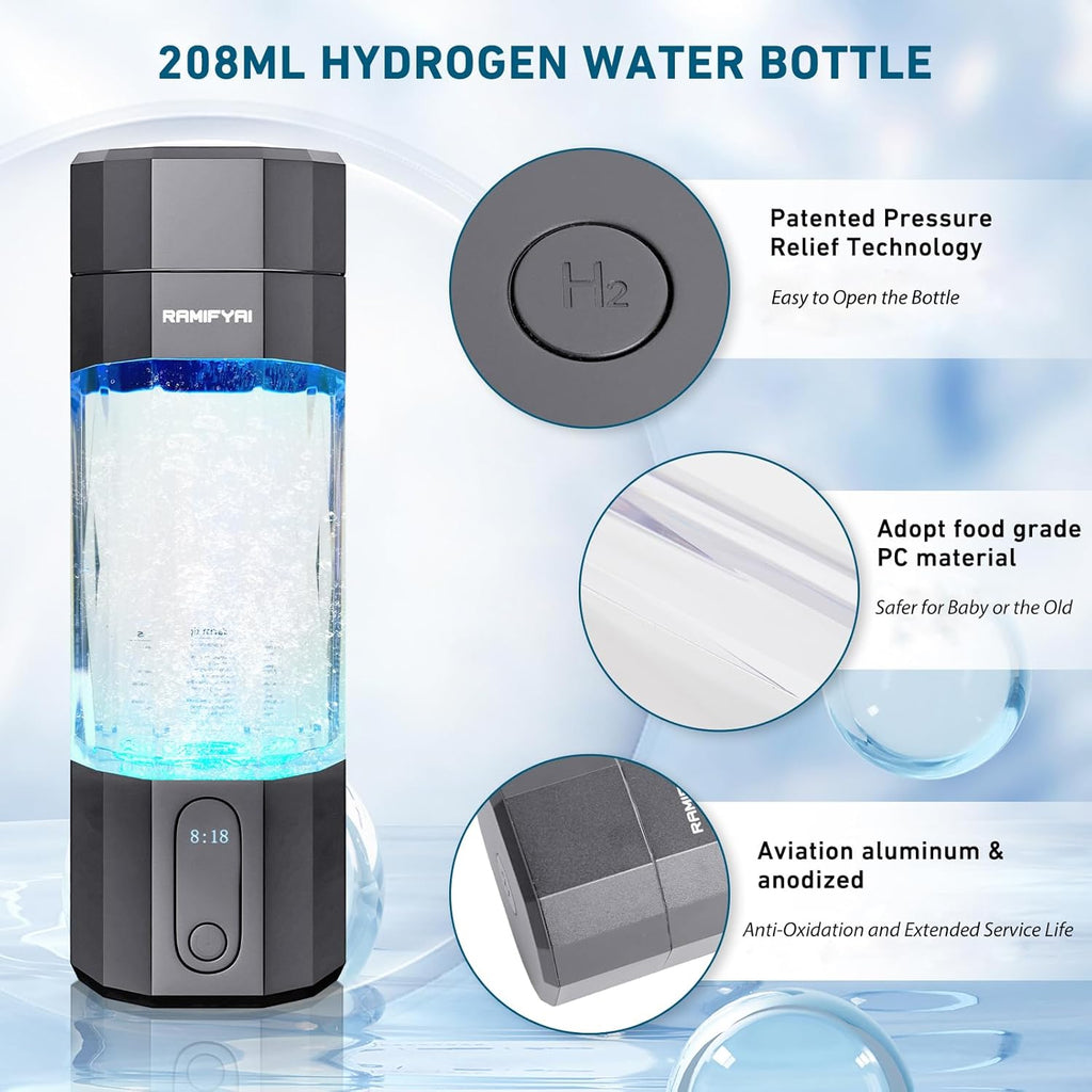 New Upgrade 10000PPB Hydrogen Water Bottle SPE/PEM Technology Seven Colorful Light Double Anti-Slip and Leak-Proof Hydrogen Water Generator with LCD Display (Upgrade Gray)