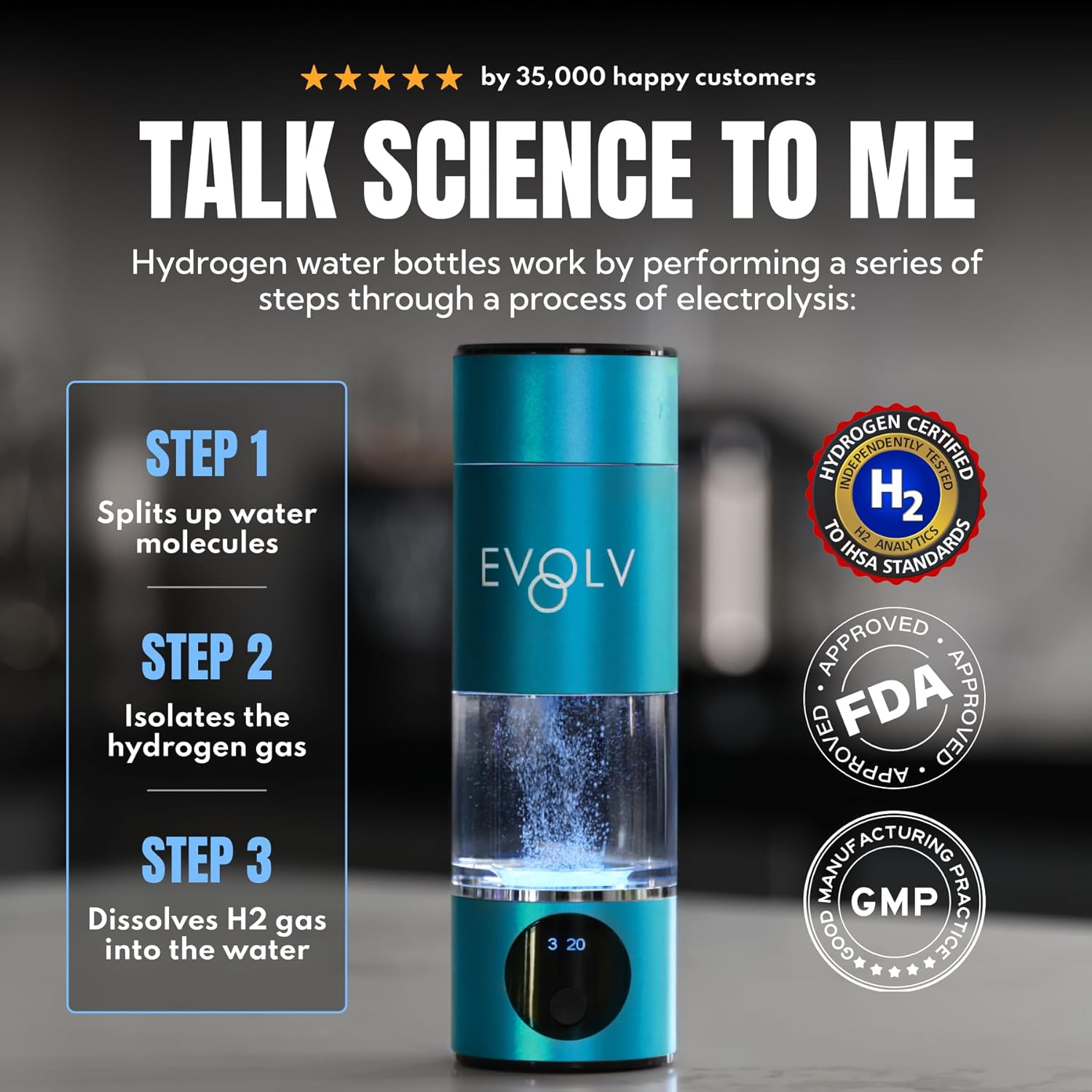 EVOLV Hydrogen Water Bottle Generator – SPE & PEM Water Ionizer 5.4PPM, Highest H2 Concentration – Portable 8oz Hydrogenated Water Bottle – Leak-Proof Hydrogen Water Machine, Easy to Use – Turquoise