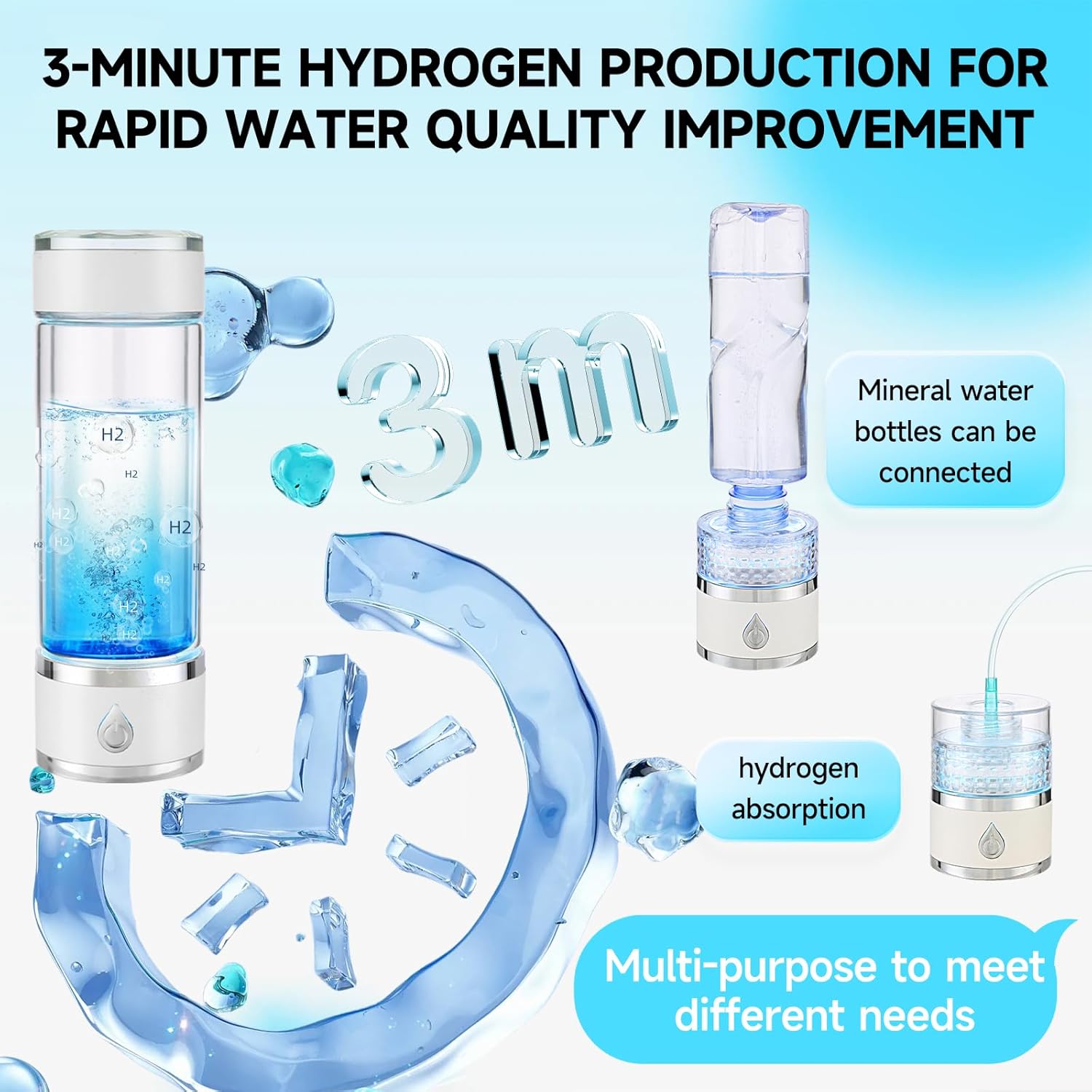 Hydrohealth Hydroh Hydrogen Water Bottle Generator, Portable and Rechargeable Hydro Health Hydrogen Water Bottle Glass with SPE Pem Technology,3 Min 4100 PPB Pure Hydrogen Rich Concentration