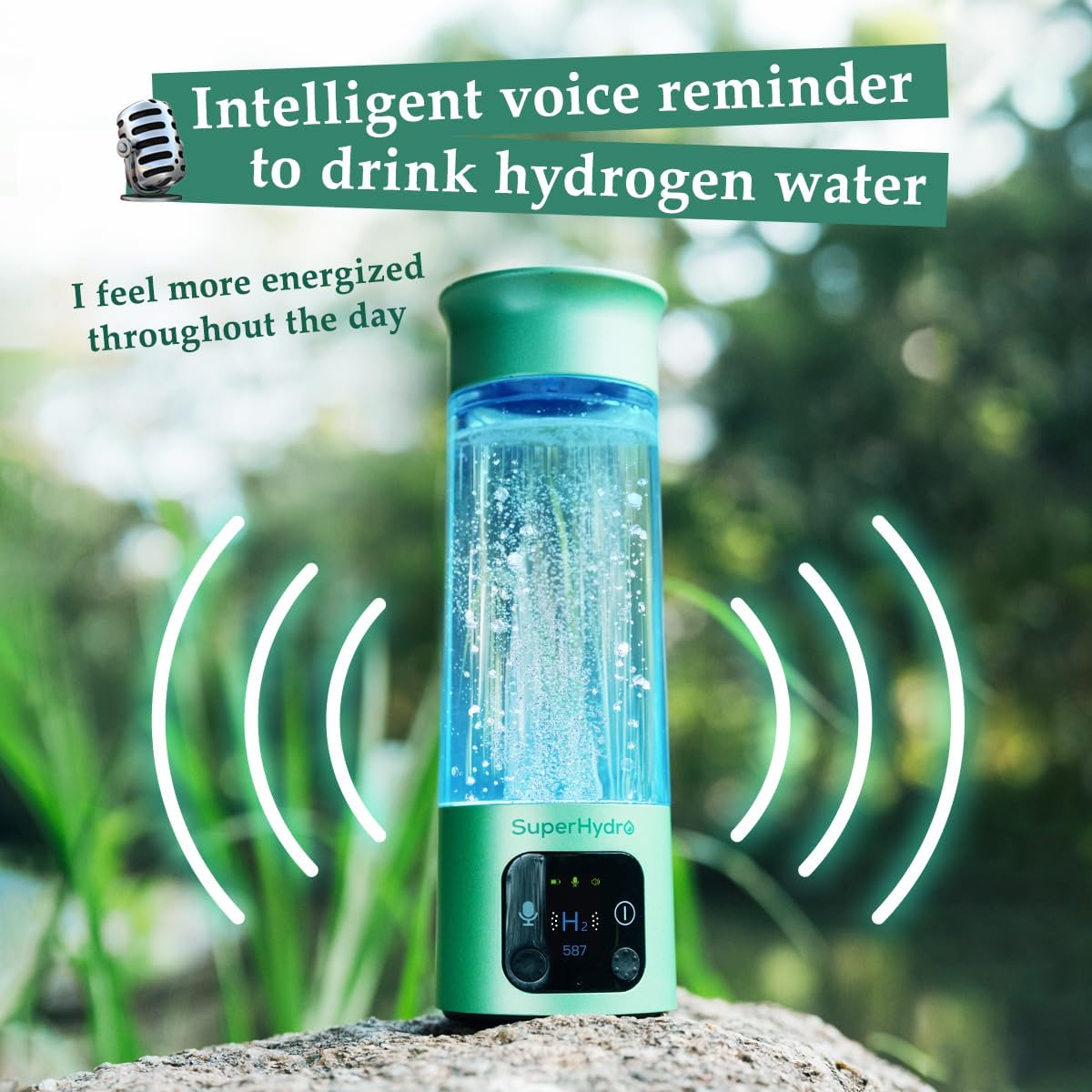 Hydrogen Water Bottle Generator - Up to 6000+ PPB Concentration - SPE/PEM Technology - Voice Reminder - Water Ionizer Machine Suitable for Travel, Daily and Office Drinking - 12oz (Green)