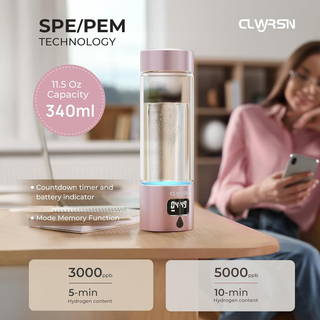 Hydrogen Water Bottle, Portable Glass Hydrogen Water Bottle Generator Machine — SPE/PEM Technology — Athletic Performance & Hydration System — for Gym, Sports, Travel & Outdoor, 11.5Oz (Pink)