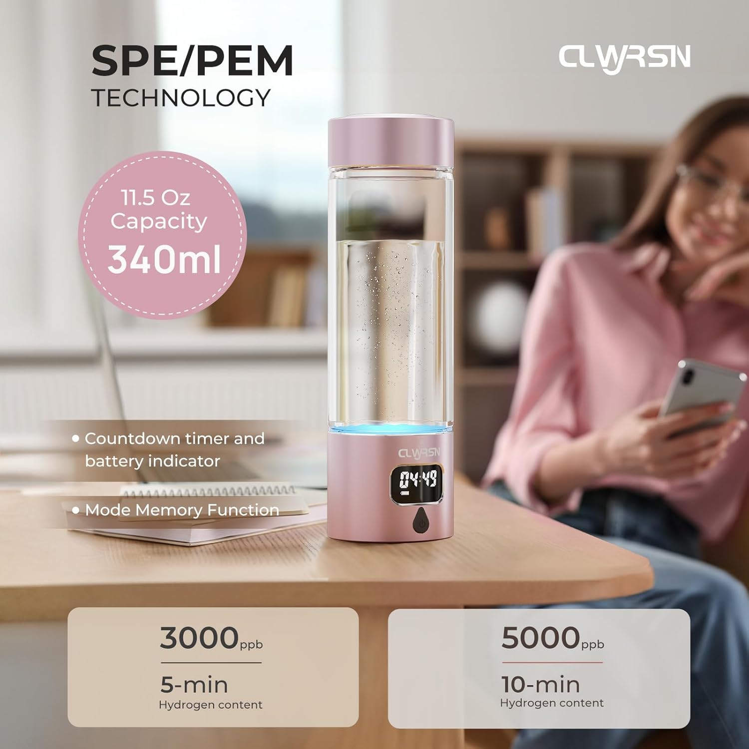 Hydrogen Water Bottle, Portable Glass Hydrogen Water Bottle Generator Machine — SPE/PEM Technology — Athletic Performance & Hydration System — for Gym, Sports, Travel & Outdoor, 11.5Oz (Pink)