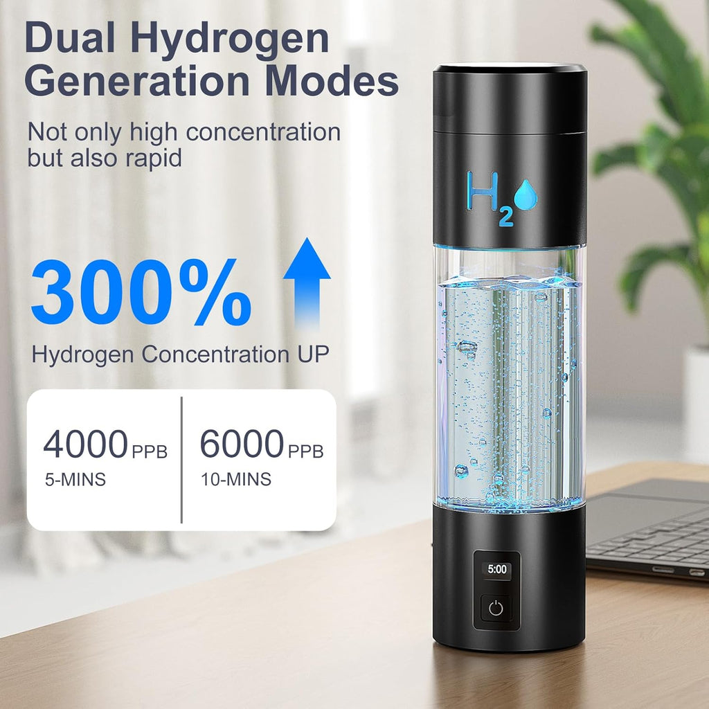 9.5oz High-grade Portable Hydrogen Water Bottle with Food-grade PC Cup Body & HydrogenLock Tech, Up to 6000ppb in 10mins/4000ppb in 5mins, Hydrogen Water Bottle Generator with SPE & PEM Tech