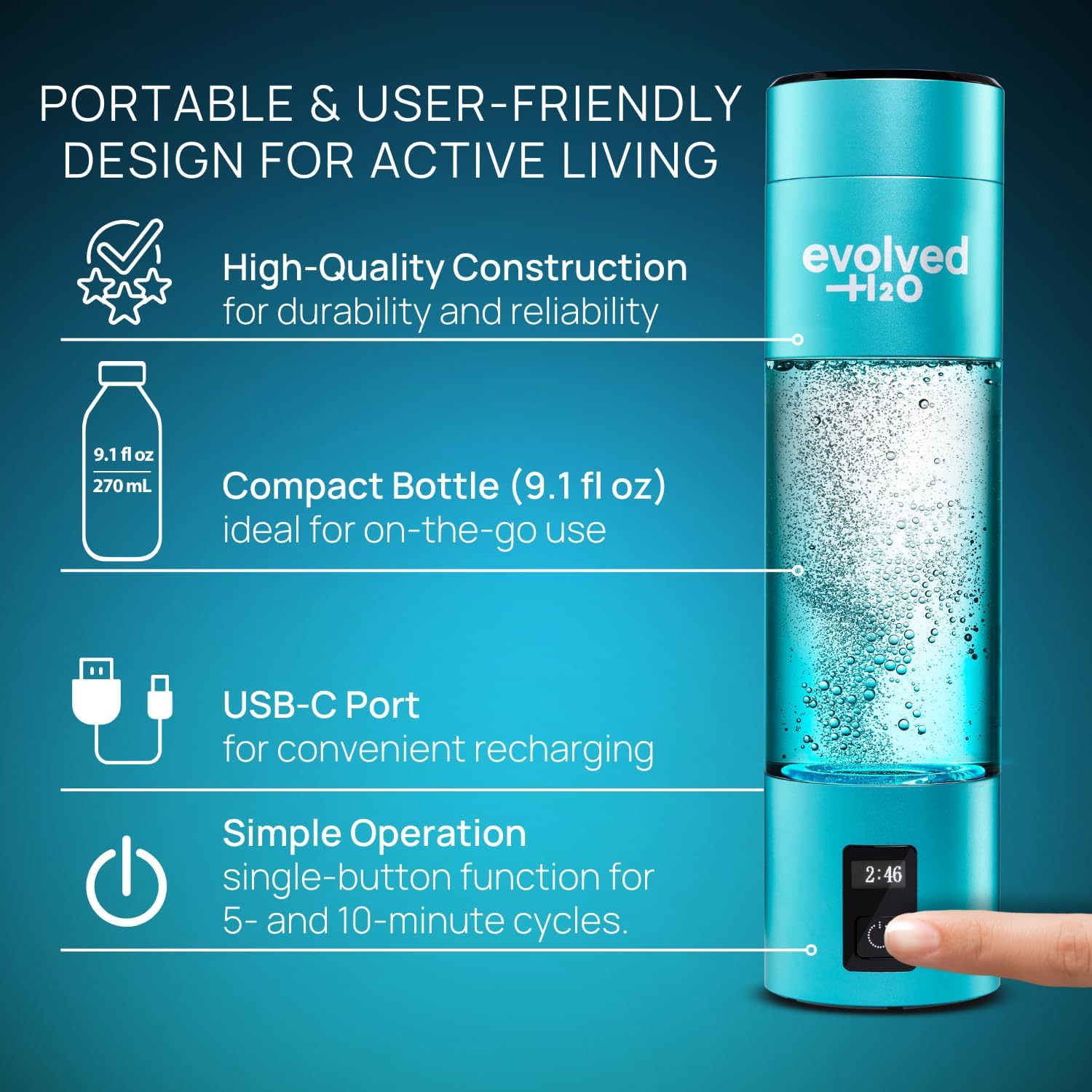 Certified Hydrogen Water Bottle Generator I 6200 PPB Portable Ionizer I SPE PEM Electrolysis I Rechargeable I Aussie Owned I Enhance Hydration & Wellness I 270ml/9.13oz (Blue)