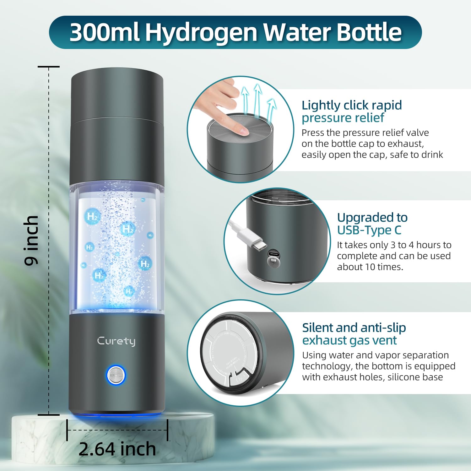 Hydrogen Water Bottle, 4000PPB Hydrogen Water Generator with SPE PEM Tech, 11OZ Food-Grade PC Hydro Water Machine, Health Care Gifts for Husband, Wife, Family, Friends, Travel