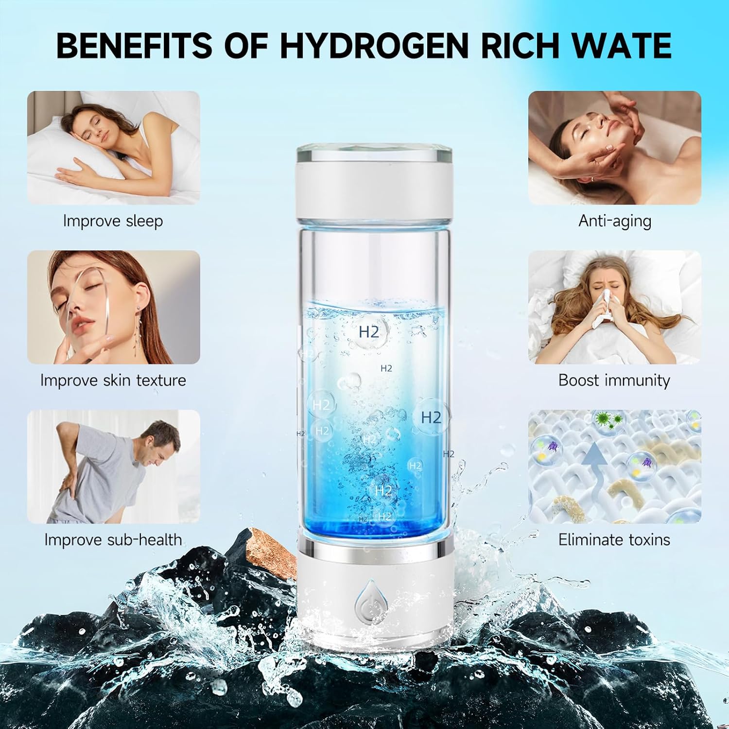 Hydrohealth Hydroh Hydrogen Water Bottle Generator, Portable and Rechargeable Hydro Health Hydrogen Water Bottle Glass with SPE Pem Technology,3 Min 4100 PPB Pure Hydrogen Rich Concentration