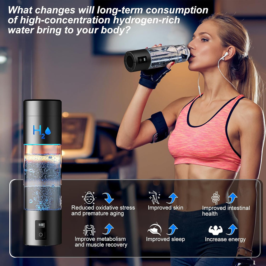 9.5oz High-grade Portable Hydrogen Water Bottle with Food-grade PC Cup Body & HydrogenLock Tech, Up to 6000ppb in 10mins/4000ppb in 5mins, Hydrogen Water Bottle Generator with SPE & PEM Tech