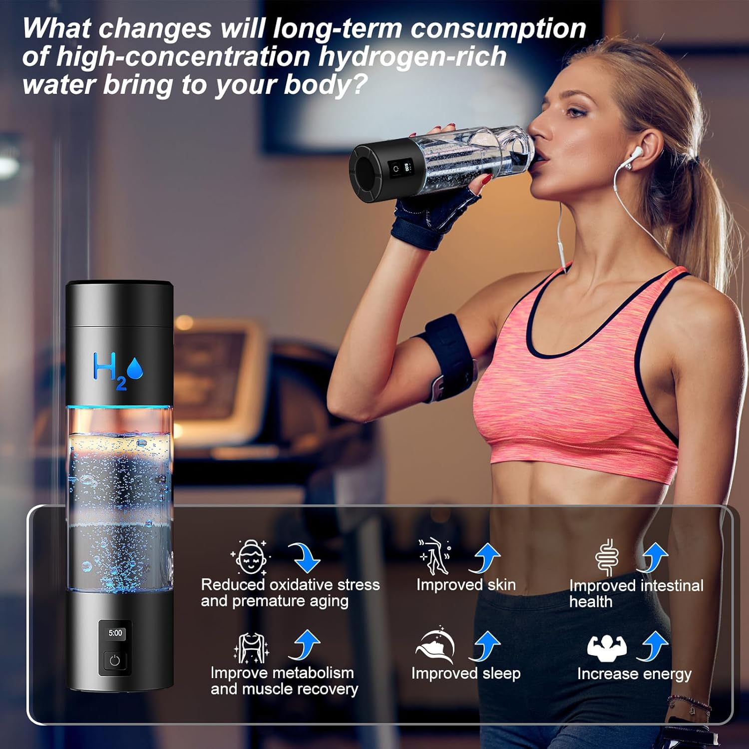 9.5oz High-grade Portable Hydrogen Water Bottle with Food-grade PC Cup Body & HydrogenLock Tech, Up to 6000ppb in 10mins/4000ppb in 5mins, Hydrogen Water Bottle Generator with SPE & PEM Tech
