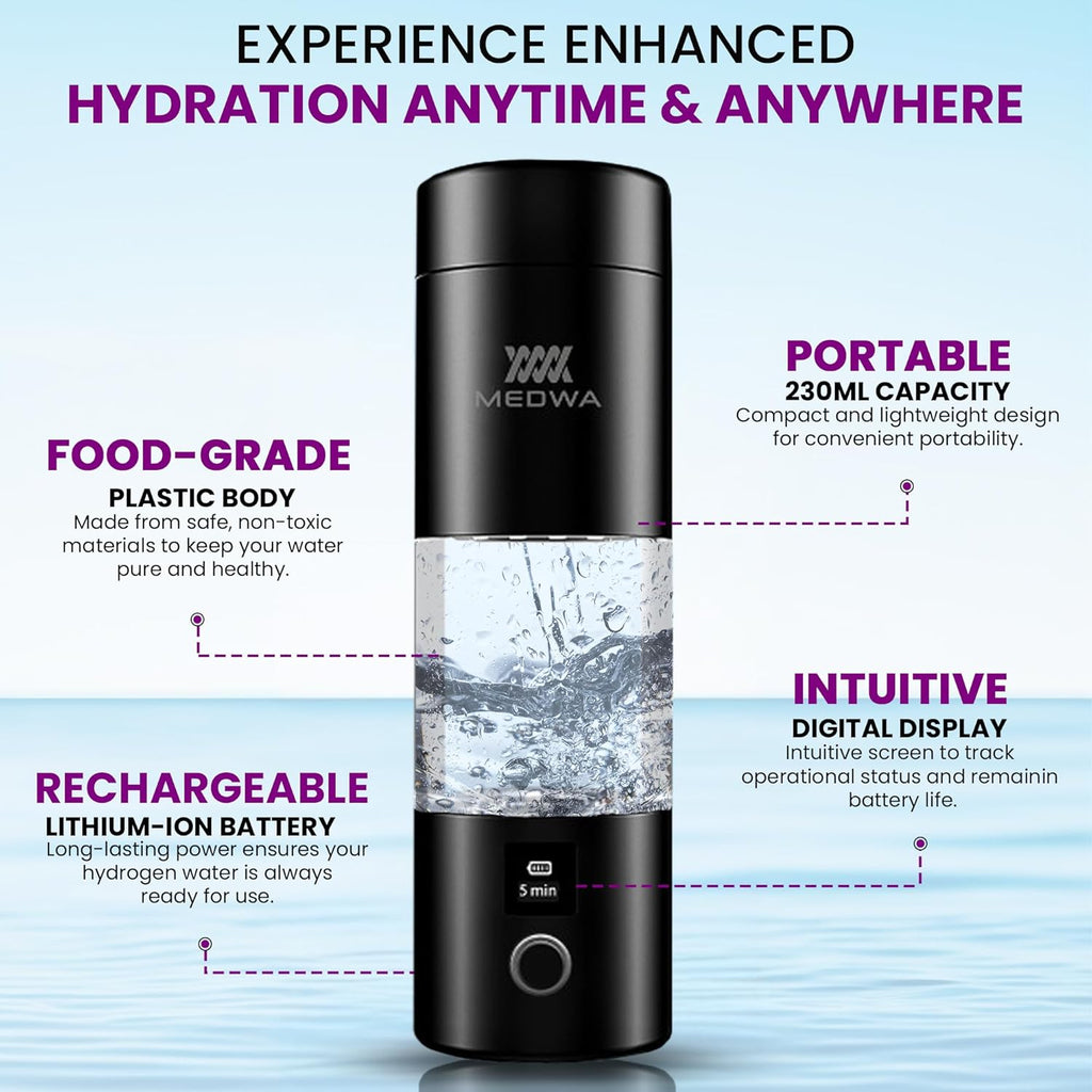Rechargeable Hydrogen Water Bottle Generator with Cup for 230ml Rich H2 Water, High Concentration 5000ppb, LCD Display – Portable Ionized Hydrogen Water Machine with SPE/PEM Technology