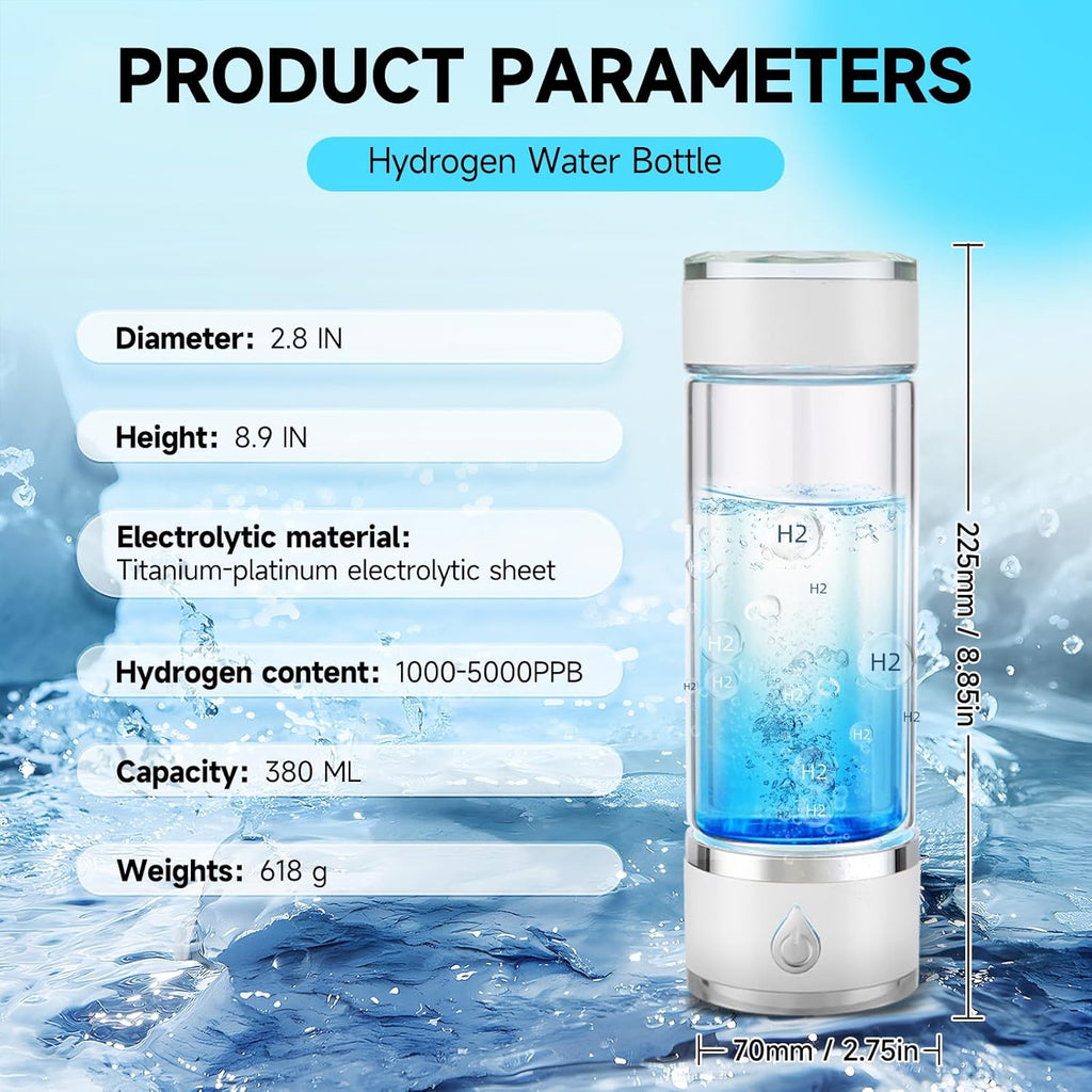 Hydrohealth Hydroh Hydrogen Water Bottle Generator, Portable and Rechargeable Hydro Health Hydrogen Water Bottle Glass with SPE Pem Technology,3 Min 4100 PPB Pure Hydrogen Rich Concentration