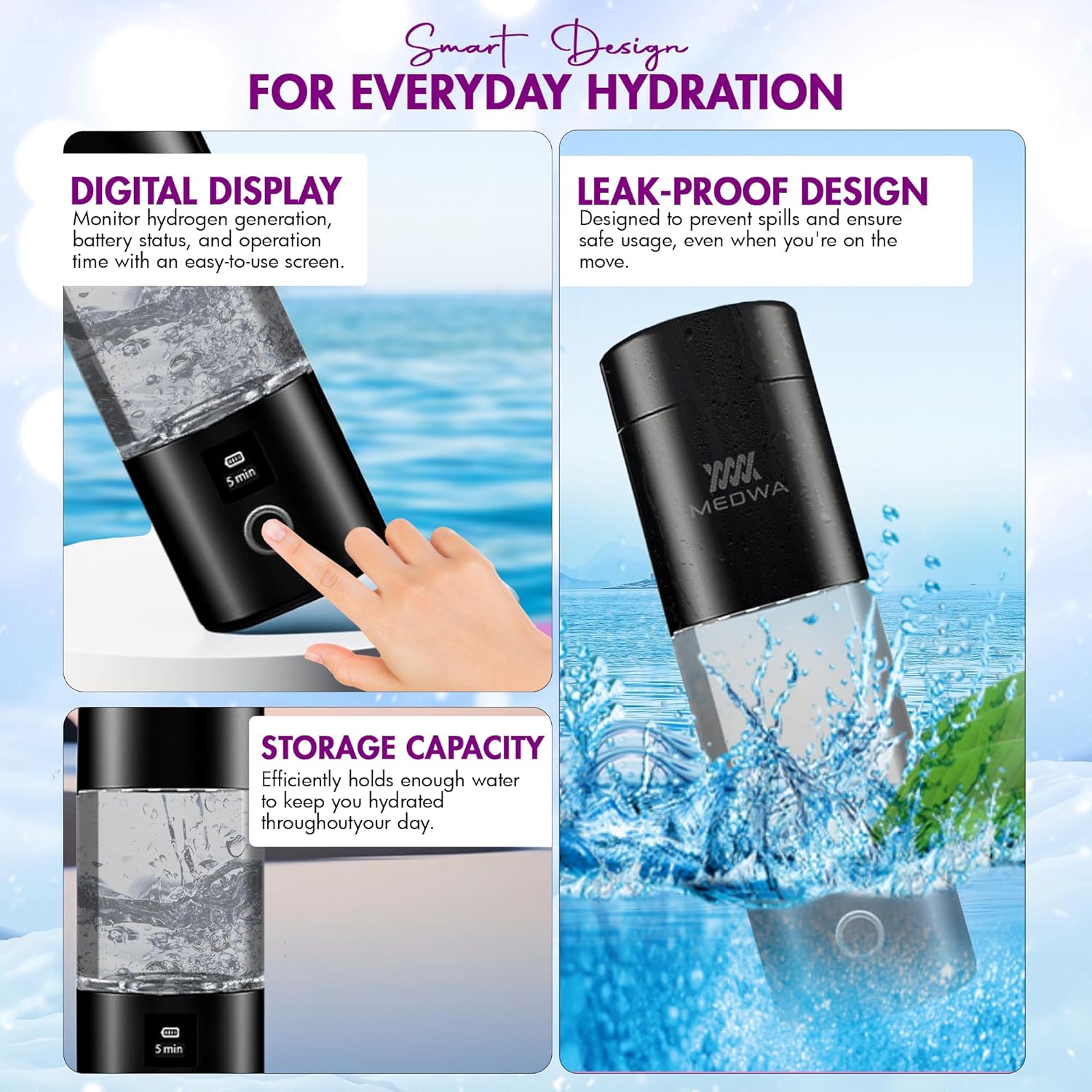 Rechargeable Hydrogen Water Bottle Generator with Cup for 230ml Rich H2 Water, High Concentration 5000ppb, LCD Display – Portable Ionized Hydrogen Water Machine with SPE/PEM Technology