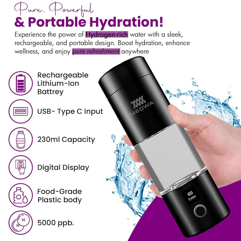 Rechargeable Hydrogen Water Bottle Generator with Cup for 230ml Rich H2 Water, High Concentration 5000ppb, LCD Display – Portable Ionized Hydrogen Water Machine with SPE/PEM Technology