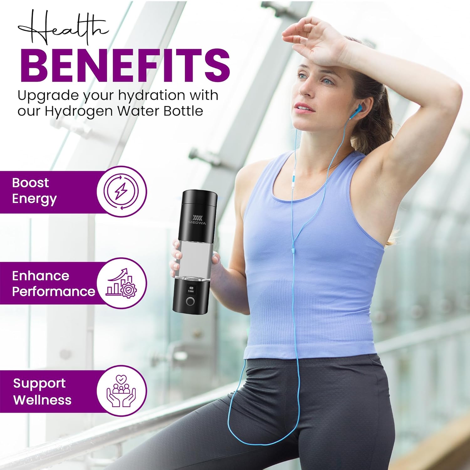 Rechargeable Hydrogen Water Bottle Generator with Cup for 230ml Rich H2 Water, High Concentration 5000ppb, LCD Display – Portable Ionized Hydrogen Water Machine with SPE/PEM Technology