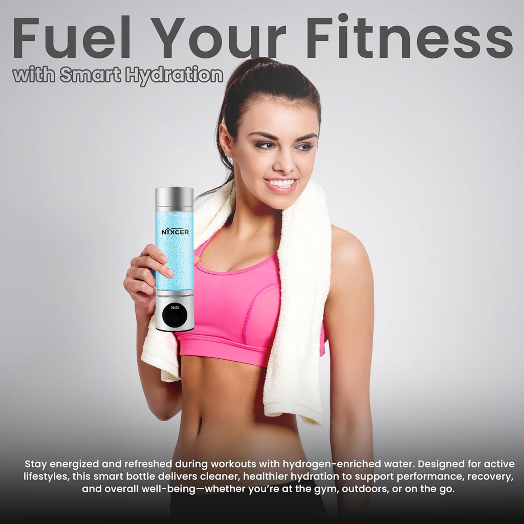 Hydrogen Pro Water Bottle – 8000PPB H2, SPE/PEM, OLED Display, Dual Mode (5/10 Min), USB-C Rechargeable – Portable Hydrogen Generator for Wellness, Recovery, Gym & Gift (Silver)