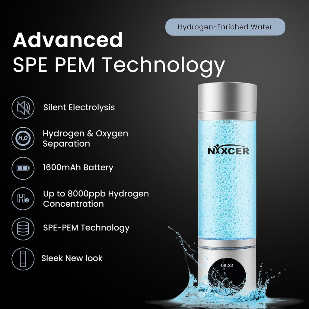 Hydrogen Pro Water Bottle – 8000PPB H2, SPE/PEM, OLED Display, Dual Mode (5/10 Min), USB-C Rechargeable – Portable Hydrogen Generator for Wellness, Recovery, Gym & Gift (Silver)
