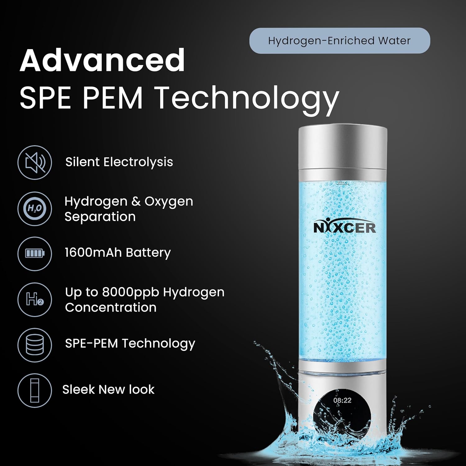 Hydrogen Pro Water Bottle – 8000PPB H2, SPE/PEM, OLED Display, Dual Mode (5/10 Min), USB-C Rechargeable – Portable Hydrogen Generator for Wellness, Recovery, Gym & Gift (Silver)